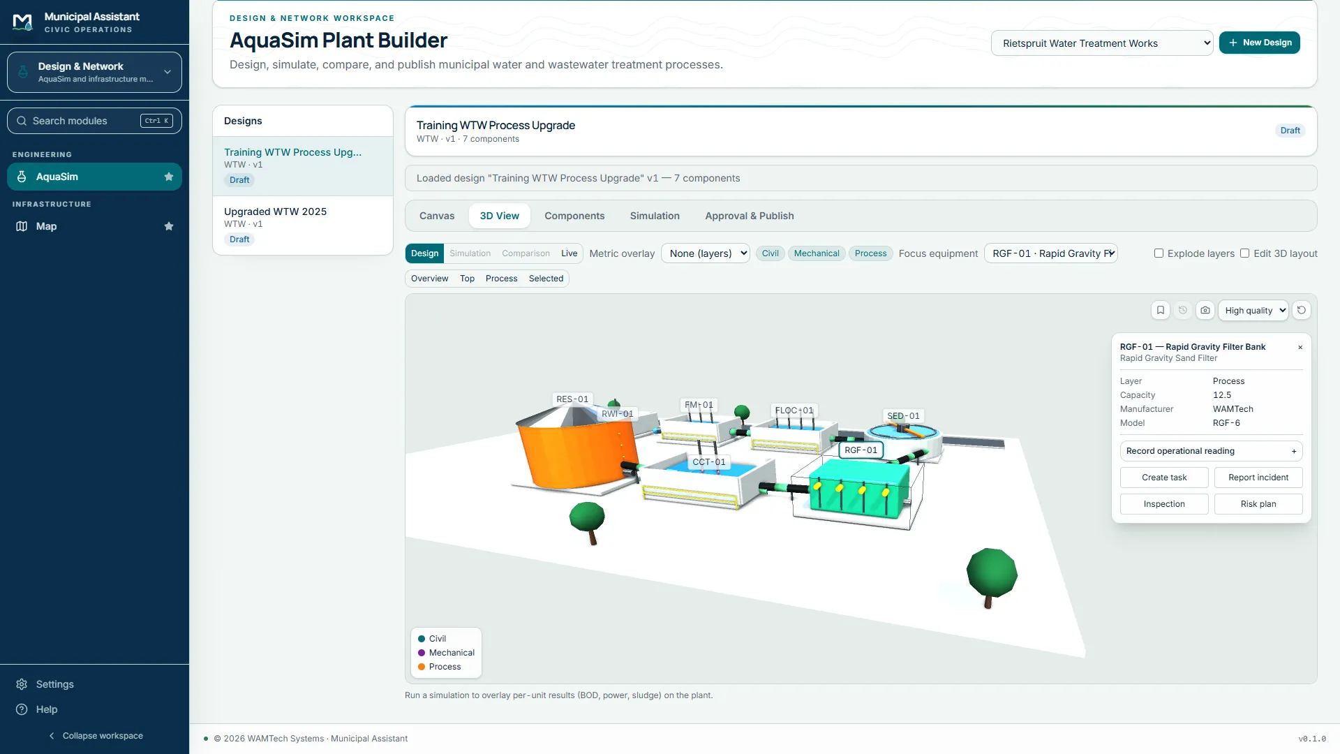 The AquaSim plant builder showing a water treatment works in three dimensions with its civil, mechanical and process layers, and an inspector panel for a rapid gravity filter bank carrying its capacity, manufacturer and model