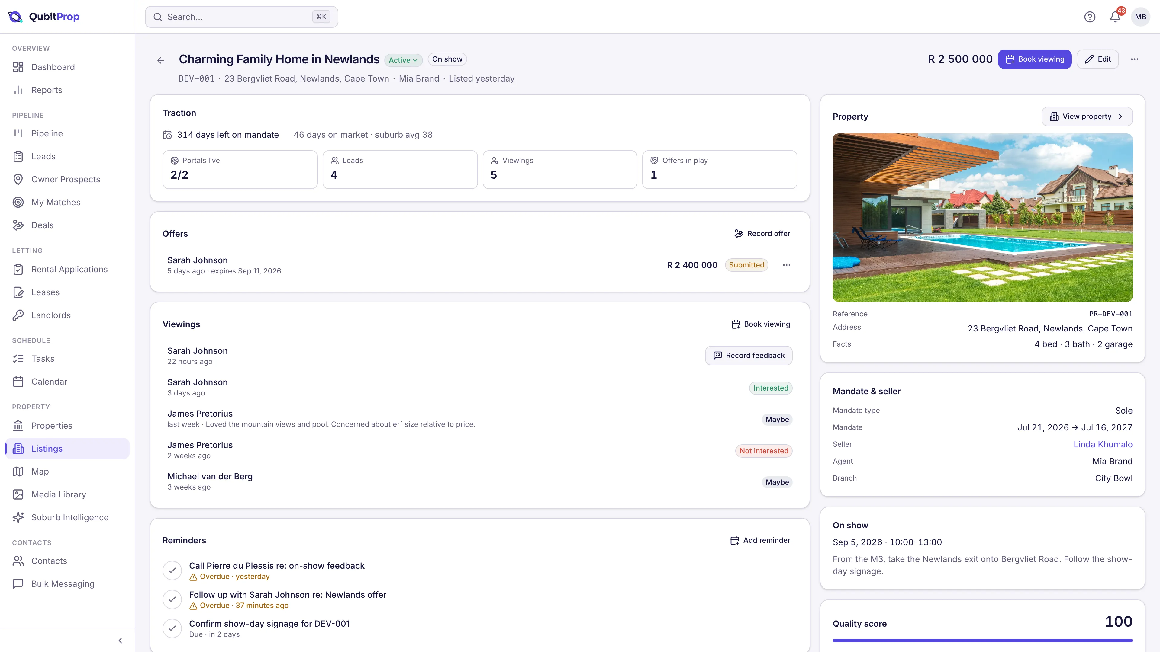 A QubitProp listing record showing days left on the mandate, days on market against the suburb average, portals live, the offer in play, feedback from each viewing and the on-show times and directions